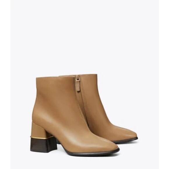 Tory Burch Tan Almond Leather Block Heel Ankle Boots Size 10 M Designer Booties - Picture 13 of 13